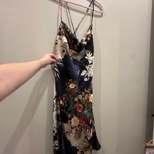 Navy Floral Satin Slip Midi Dress with Spaghetti Straps